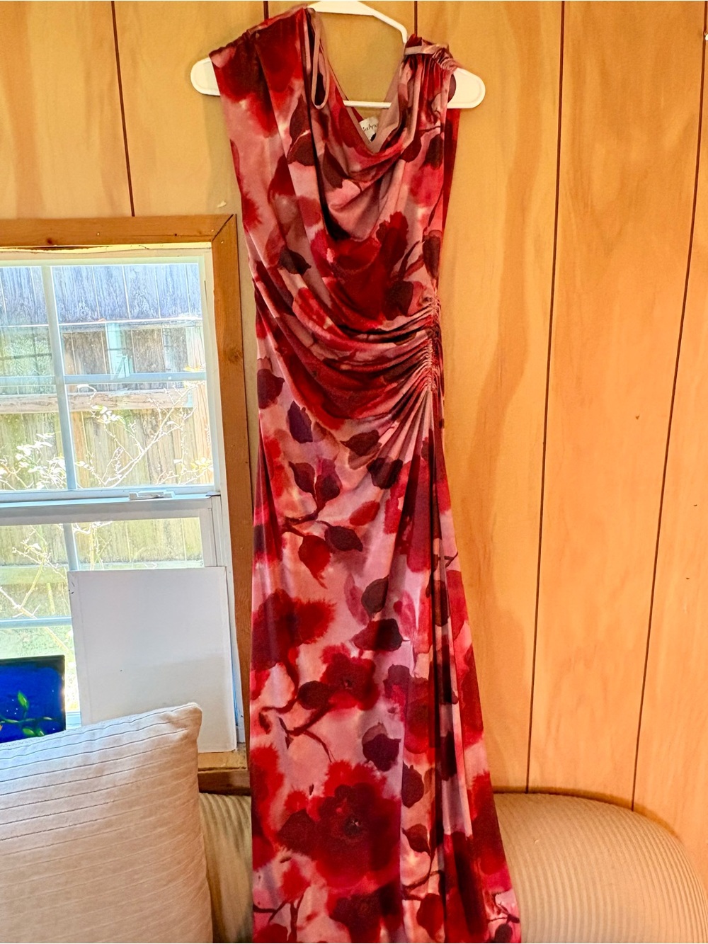 Women’s Red Floral Cowl Neck Evening Dress